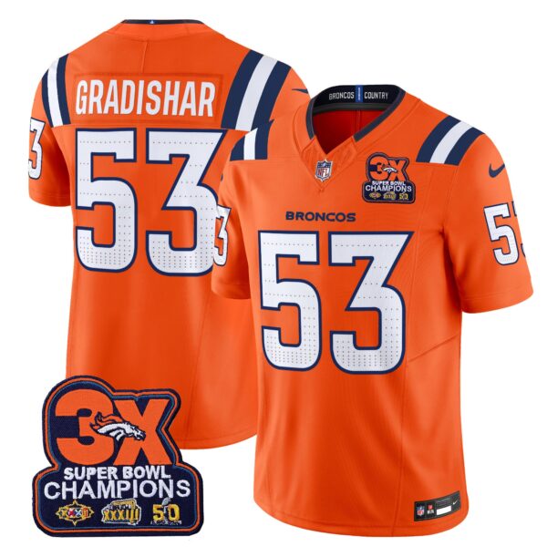 Denver Broncos 3-Time Champions Patch Vapor Limited Jersey V2 – All Stitched – Orange – Randy Gradishar Jersey