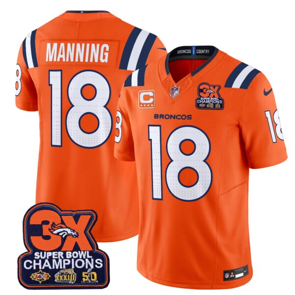 Denver Broncos 3-Time Champions Patch Vapor Limited Jersey V2 – All Stitched – Orange – Peyton Manning Jersey