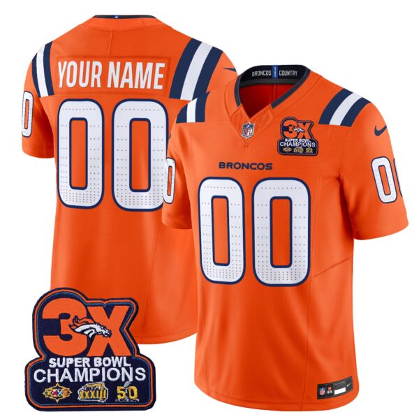 Denver Broncos 3-Time Champions Patch Vapor Limited Custom Jersey V2 – All Stitched – Orange Jersey