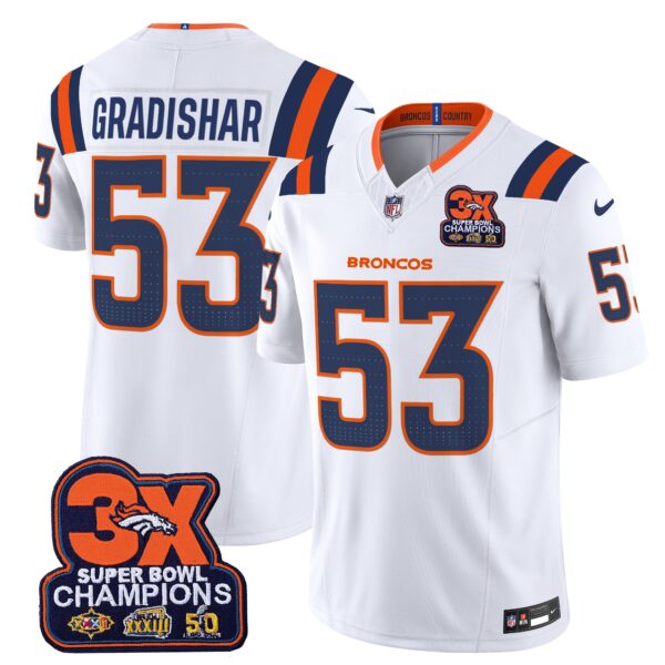 Denver Broncos 3-Time Champions Patch Vapor Limited Jersey V2 – All Stitched – White – Randy Gradishar Jersey