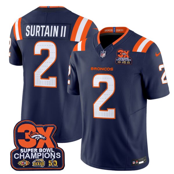 Denver Broncos 3-Time Champions Patch Vapor Limited Jersey V2 – All Stitched – Navy – Patrick Surtain II Jersey