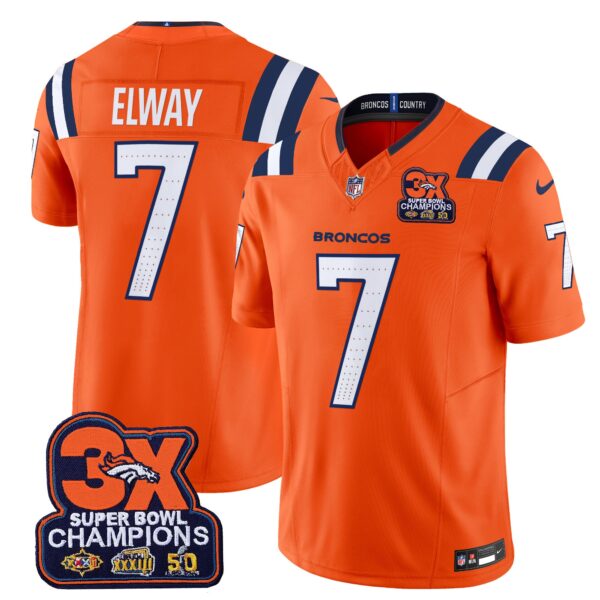 Denver Broncos 3-Time Champions Patch Vapor Limited Jersey V2 – All Stitched – Orange – John Elway Jersey