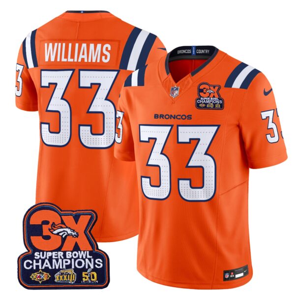 Denver Broncos 3-Time Champions Patch Vapor Limited Jersey V2 – All Stitched – Orange – Javonte Williams Jersey