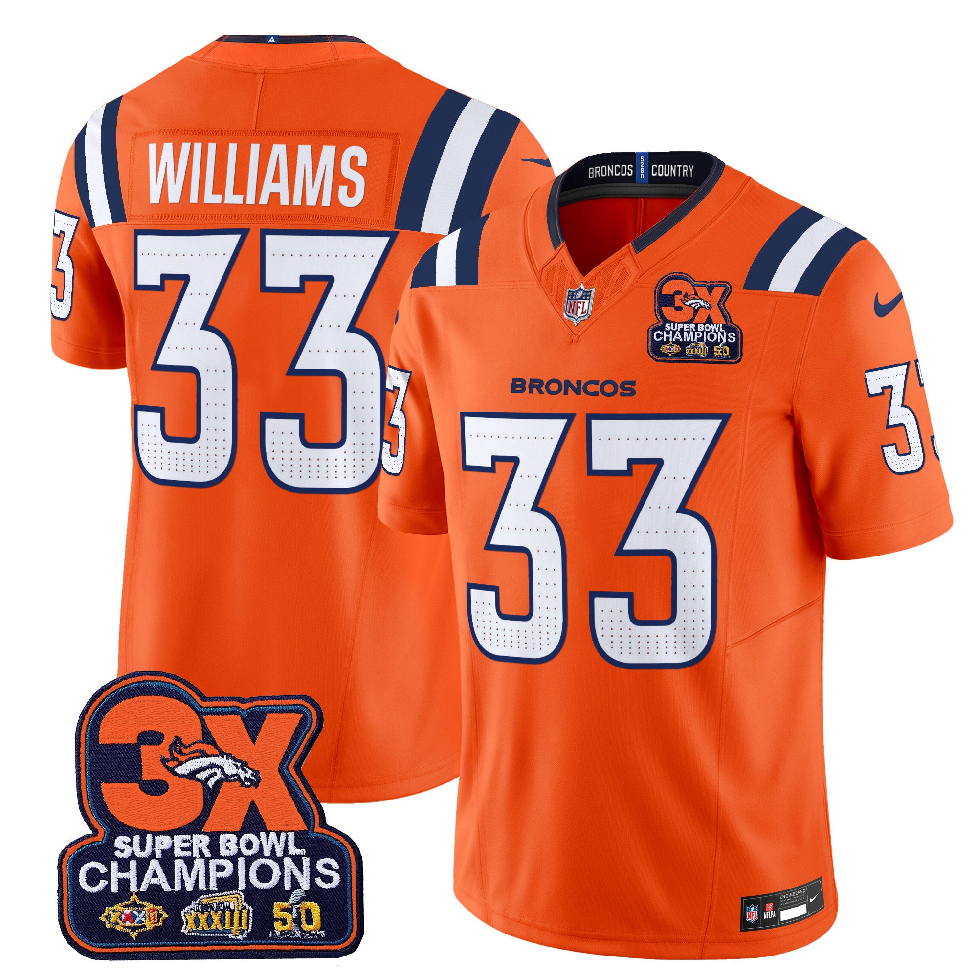 Denver Broncos 3-Time Champions Patch Vapor Limited Jersey V2 – All Stitched – Orange – Javonte Williams Jersey