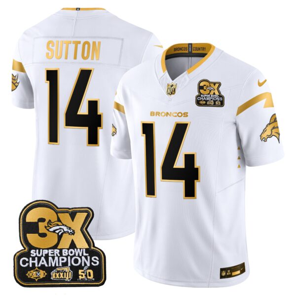 Denver Broncos 3-Time Champions Patch Gold Vapor Limited Jersey – All Stitched – White Gold – Courtland Sutton Jersey