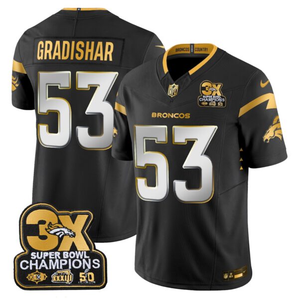 Denver Broncos 3-Time Champions Patch Gold Vapor Limited Jersey – All Stitched – Black Limited – Randy Gradishar Jersey