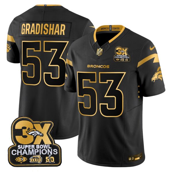 Denver Broncos 3-Time Champions Patch Gold Vapor Limited Jersey – All Stitched – Black Gold – Randy Gradishar Jersey