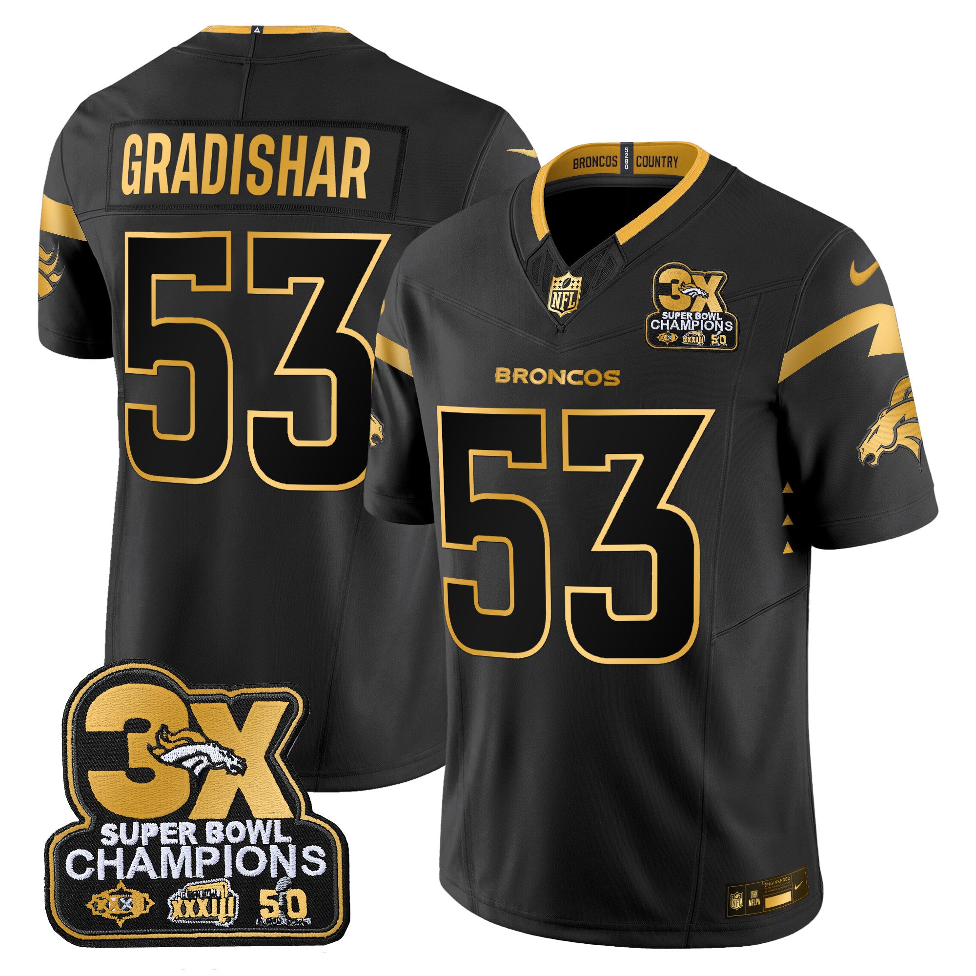 Denver Broncos 3-Time Champions Patch Gold Vapor Limited Jersey – All Stitched – Black Gold – Randy Gradishar Jersey