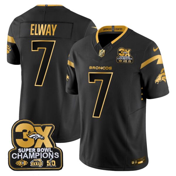 Denver Broncos 3-Time Champions Patch Gold Vapor Limited Jersey – All Stitched – Black Gold – John Elway Jersey