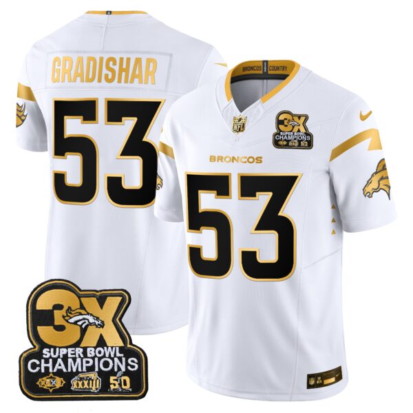 Denver Broncos 3-Time Champions Patch Gold Vapor Limited Jersey – All Stitched – White Gold – Randy Gradishar Jersey