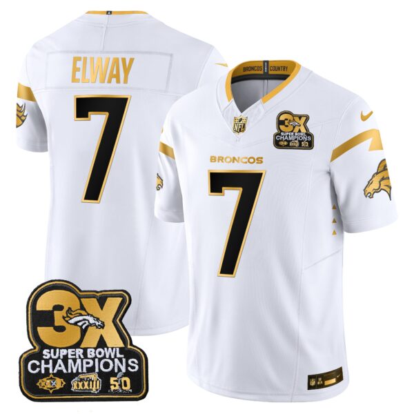 Denver Broncos 3-Time Champions Patch Gold Vapor Limited Jersey – All Stitched – White Gold – John Elway Jersey