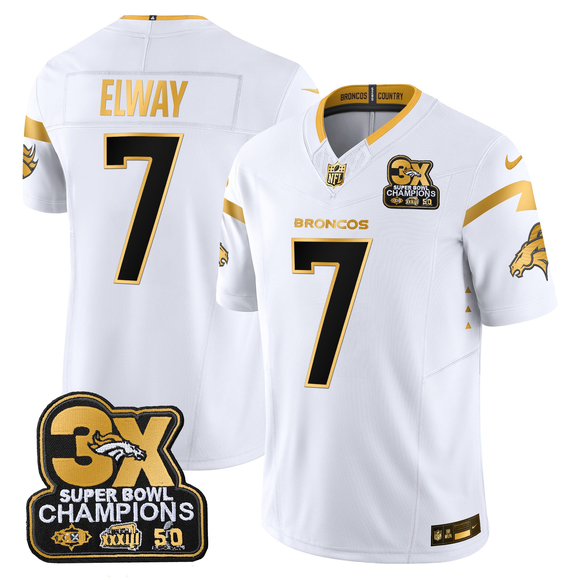 Denver Broncos 3-Time Champions Patch Gold Vapor Limited Jersey – All Stitched – White Gold – John Elway Jersey