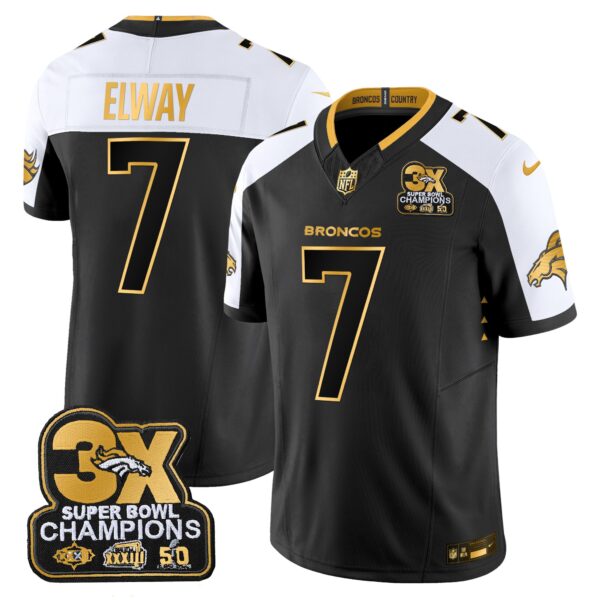 Denver Broncos 3-Time Champions Patch Gold Vapor Limited Jersey – All Stitched – Alternate – John Elway Jersey