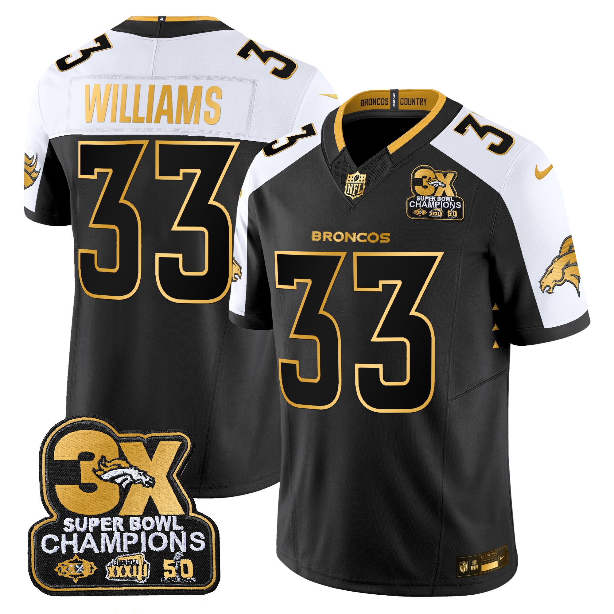 Denver Broncos 3-Time Champions Patch Gold Vapor Limited Jersey – All Stitched – Alternate – Javonte Williams Jersey