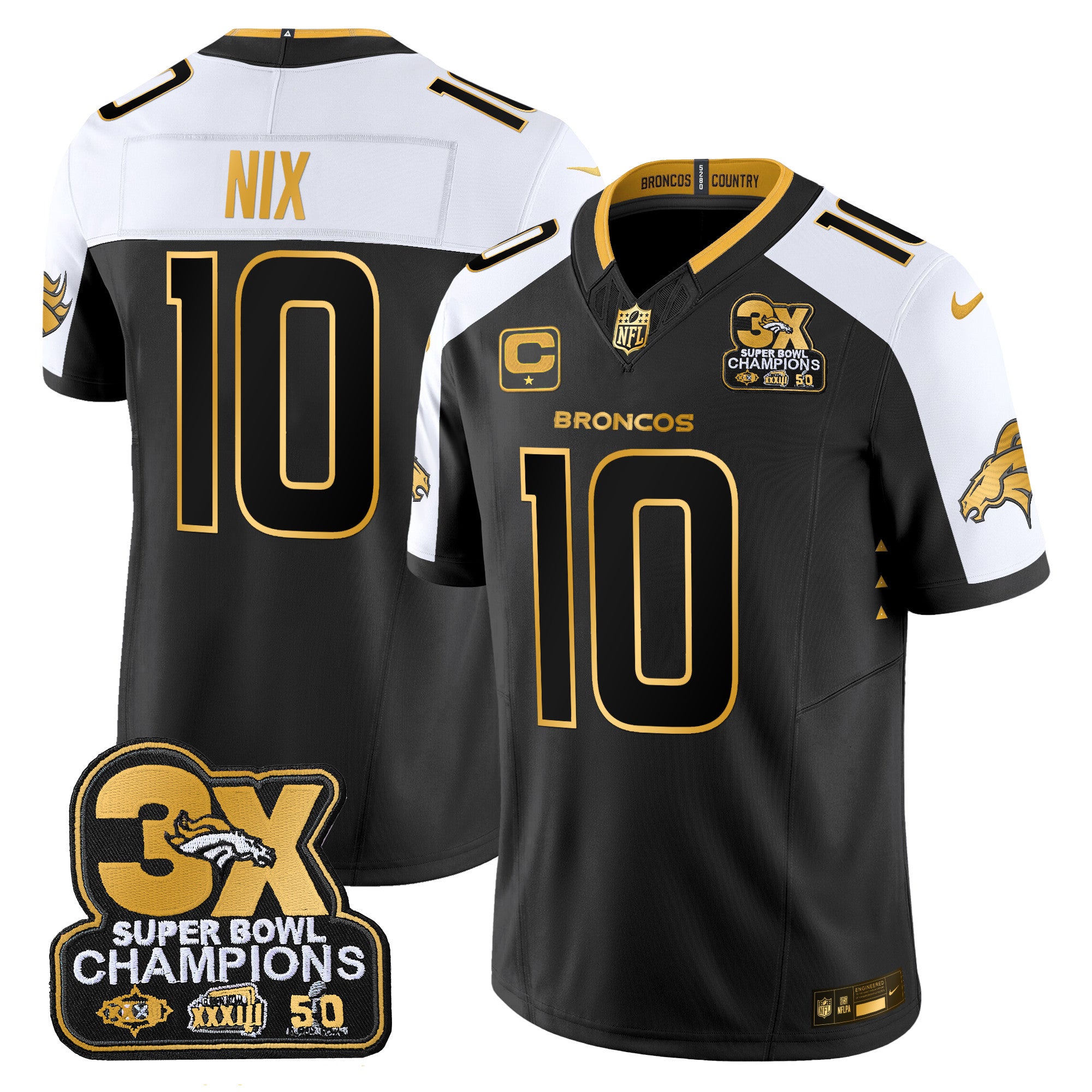 Denver Broncos 3-Time Champions Patch Gold Vapor Limited Jersey – All Stitched – Alternate – Bo Nix Jersey