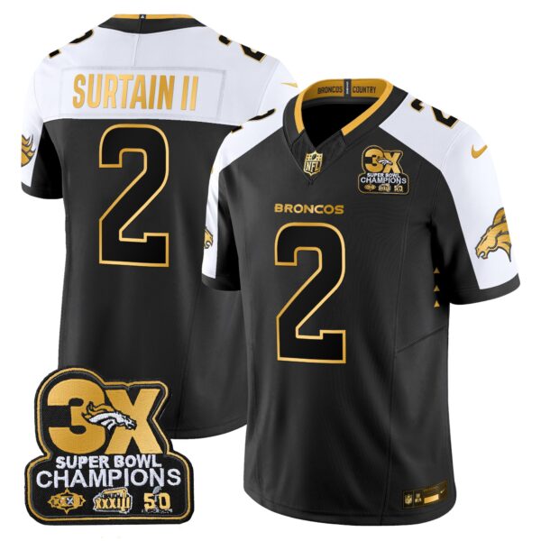 Denver Broncos 3-Time Champions Patch Gold Vapor Limited Jersey – All Stitched – Alternate – Patrick Surtain II Jersey