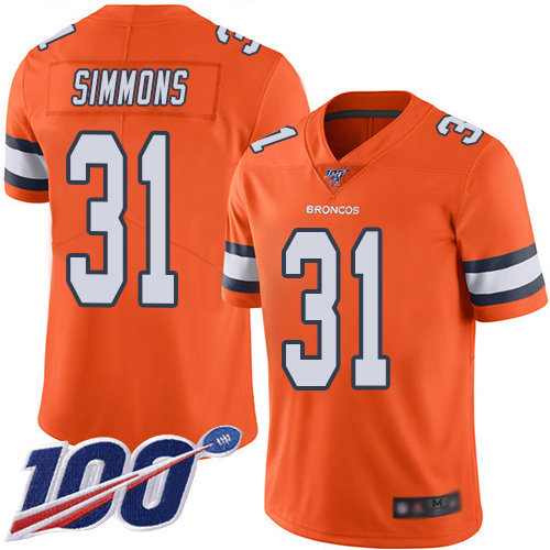 Nike Broncos #31 Justin Simmons Orange Men’s Stitched NFL Limited Rush 100th Season Jersey