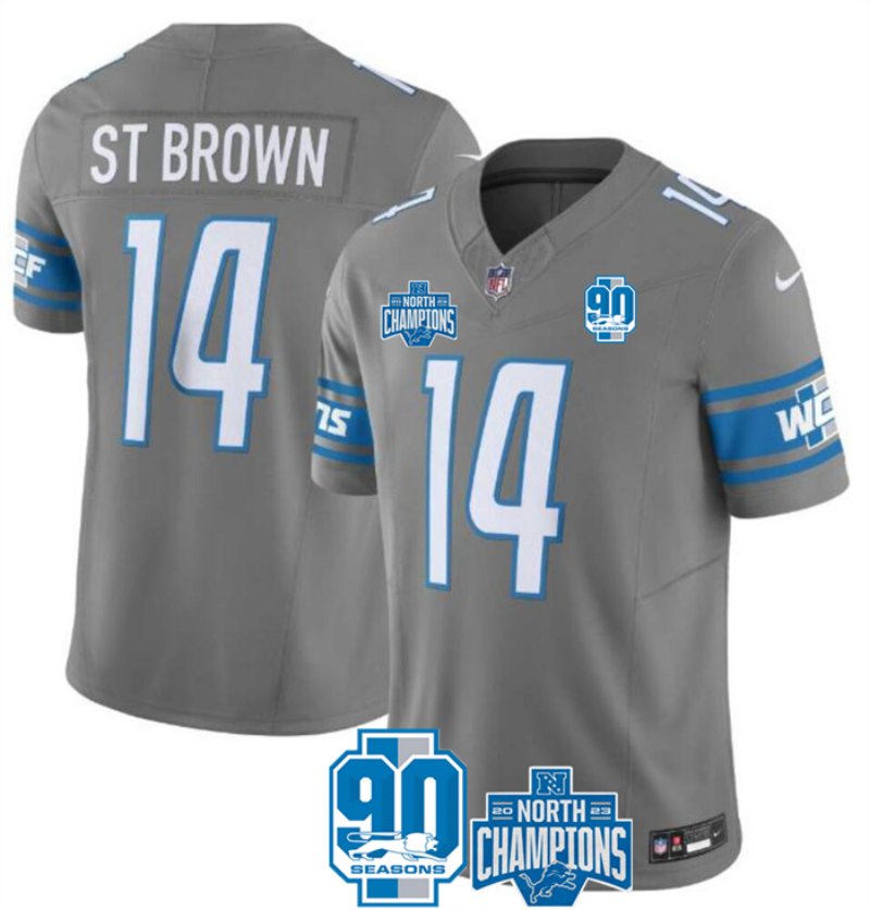 Detroit Lions #14 Amon-Ra St Brown Grey 2023 Fuse 90Th Anniversary Nfc North Jersey