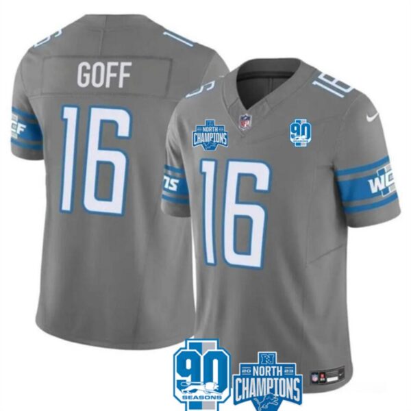 Detroit Lions #16 Jared Goff Grey 2023 Fuse 90Th Anniversary Nfc North Division Jersey