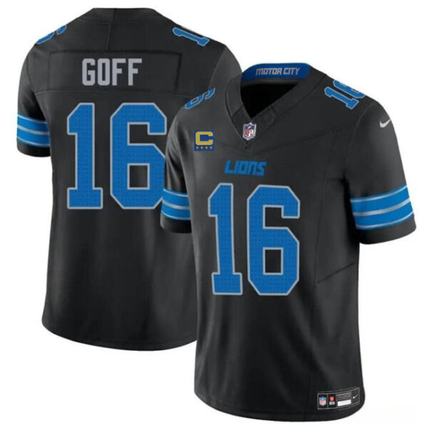 Detroit Lions #16 Jared Goff Black 2024 FUSE With 4 Star C Patch 2Nd Alternate Vapor Jersey