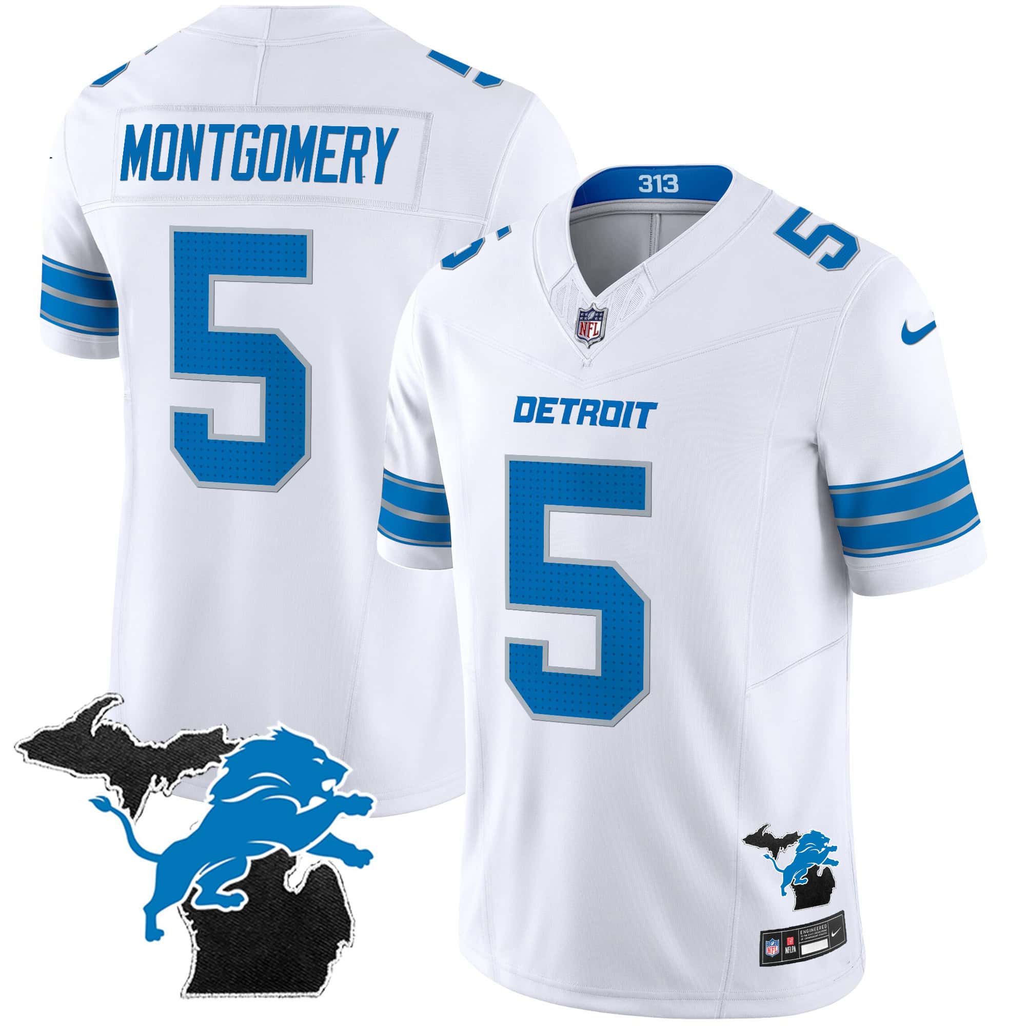 Men’s Detroit Lions 2024 Michigan Patch Vapor Limited Jersey – All Stitched – White – David Montgomery