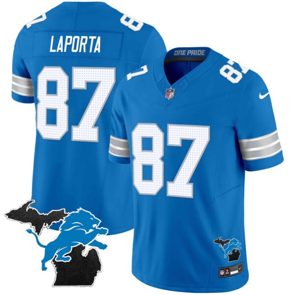 Men’s Detroit Lions 2024 Michigan Patch Vapor Limited Jersey – All Stitched – Blue – Sam Laporta