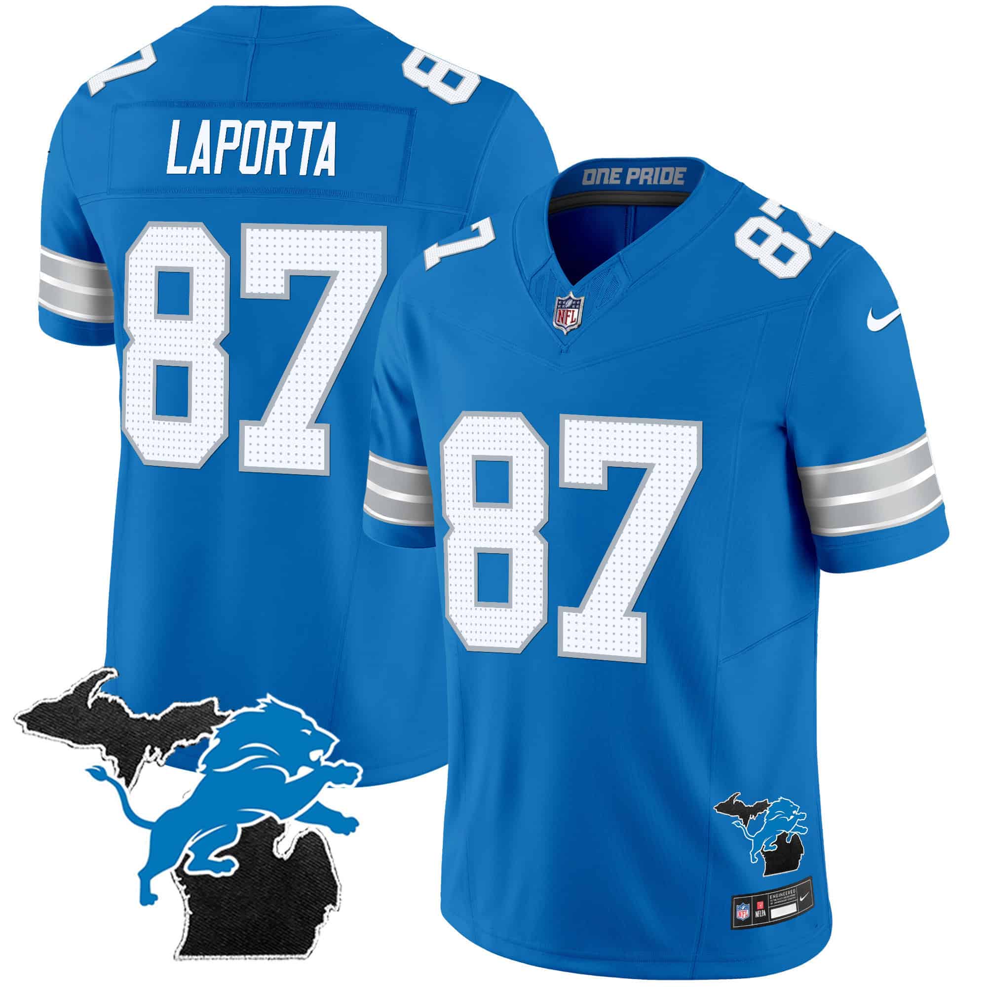 Men’s Detroit Lions 2024 Michigan Patch Vapor Limited Jersey – All Stitched – Blue – Sam Laporta