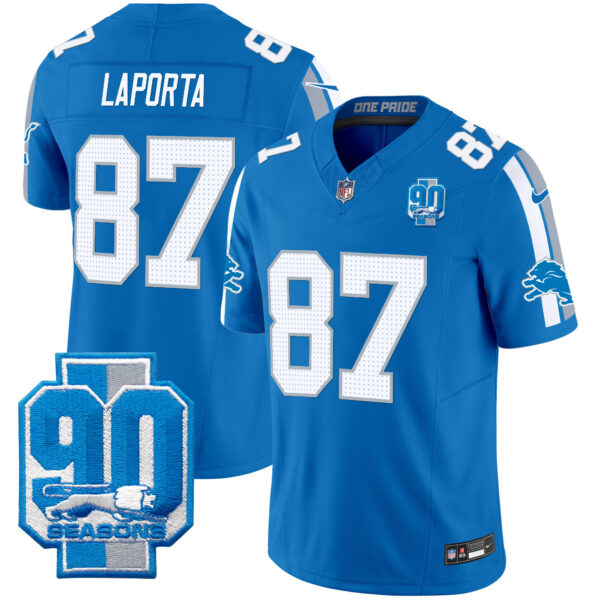 Men’s Detroit Lions 90th Year Patch Vapor Limited Jersey – All Stitched – Blue – Sam Laporta