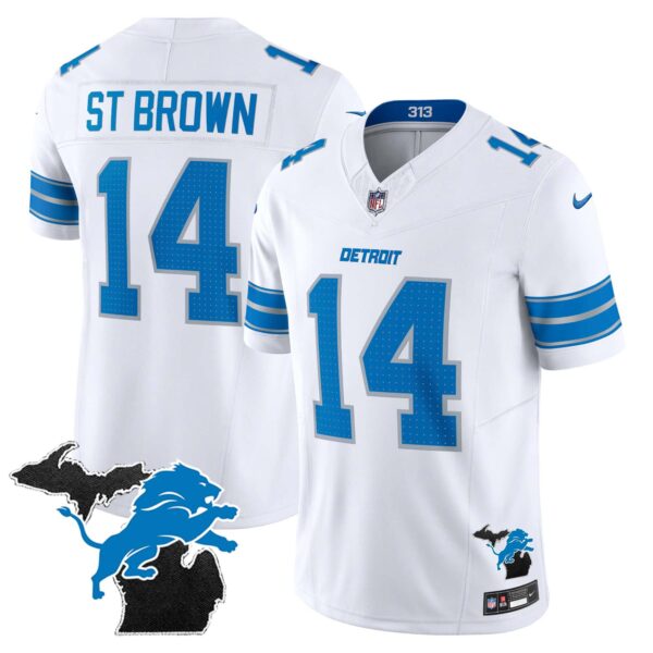 Men’s Detroit Lions 2024 Michigan Patch Vapor Limited Jersey – All Stitched – White – St. Brown