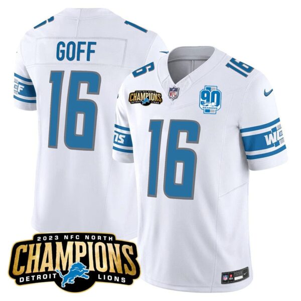 Men’s Detroit Lions 2023 NFC North Champions Patch Vapor Jersey V2 – All Stitched – White – Jared Goff