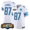 Men’s Detroit Lions 2023 NFC North Champions Patch Vapor Jersey V2 – All Stitched – White – Sam Laporta