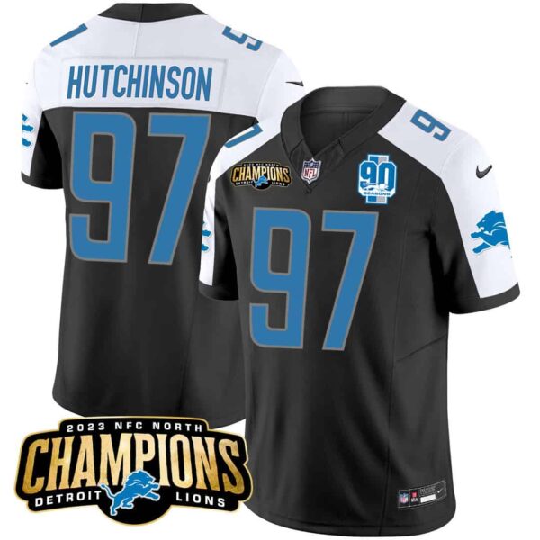 Men’s Detroit Lions 2023 NFC North Champions Patch Vapor Jersey V2 – All Stitched – Black Alternate – Hutchinson