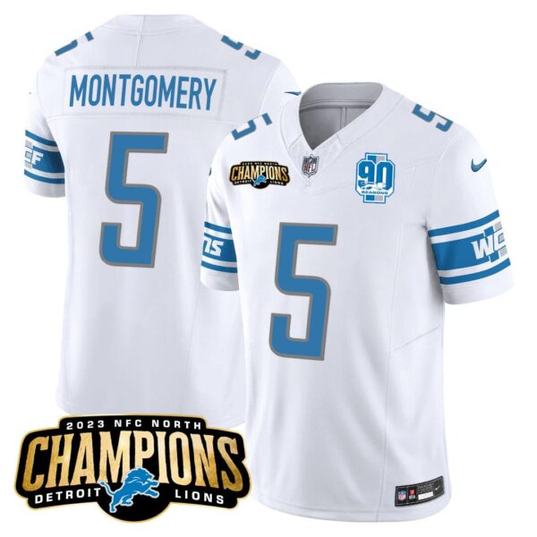 Men’s Detroit Lions 2023 NFC North Champions Patch Vapor Jersey V2 – All Stitched – White – David Montgomery