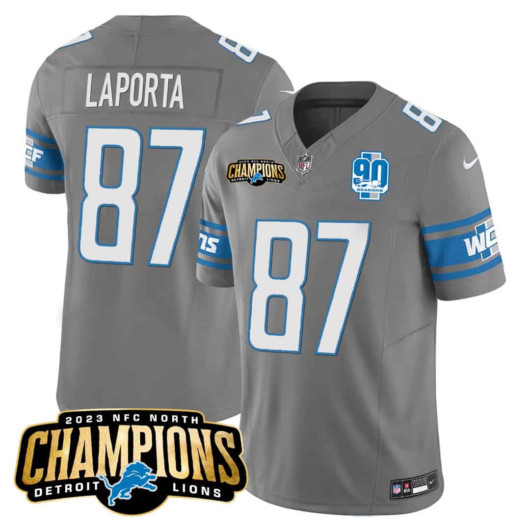 Men’s Detroit Lions 2023 NFC North Champions Patch Vapor Jersey V2 – All Stitched – Gray – Sam Laporta