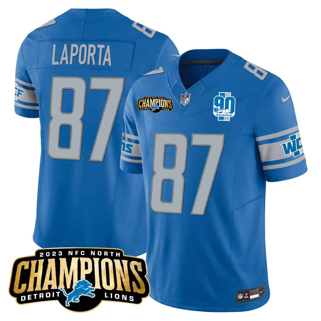 Men’s Detroit Lions 2023 NFC North Champions Patch Vapor Jersey V2 – All Stitched – Blue – Sam Laporta