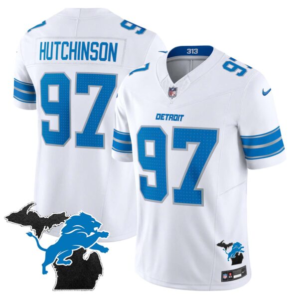Men’s Detroit Lions 2024 Michigan Patch Vapor Limited Jersey – All Stitched – White – Hutchinson