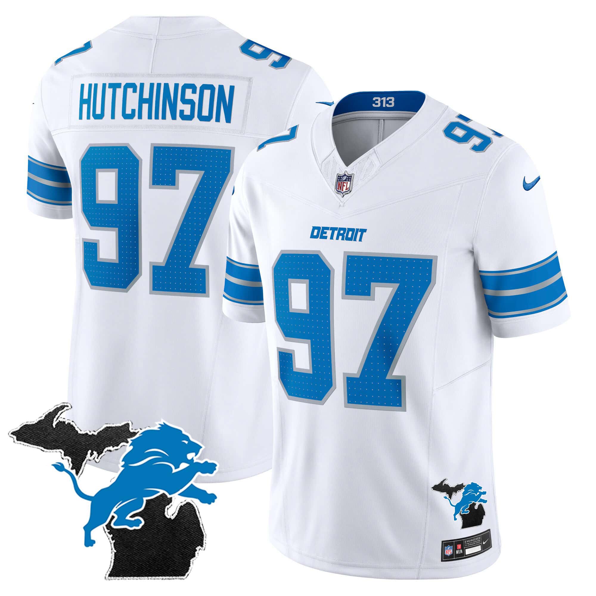 Men’s Detroit Lions 2024 Michigan Patch Vapor Limited Jersey – All Stitched – White – Hutchinson