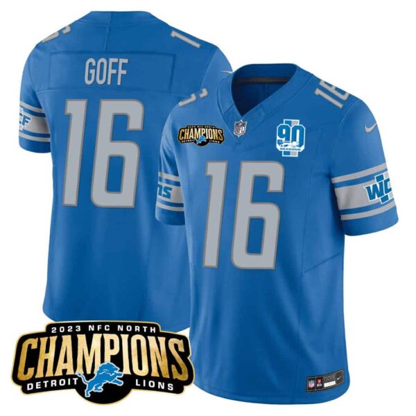 Men’s Detroit Lions 2023 NFC North Champions Patch Vapor Jersey V2 – All Stitched – Blue – Jared Goff