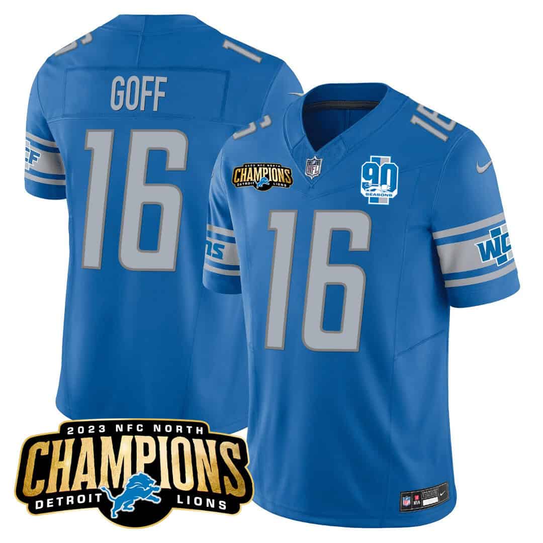 Men’s Detroit Lions 2023 NFC North Champions Patch Vapor Jersey V2 – All Stitched – Blue – Jared Goff