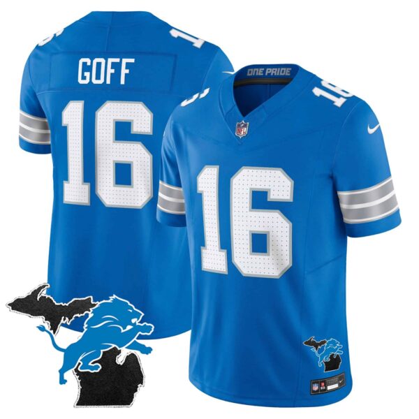 Men’s Detroit Lions 2024 Michigan Patch Vapor Limited Jersey – All Stitched – Blue – Jared Goff