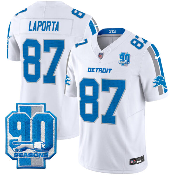 Men’s Detroit Lions 90th Year Patch Vapor Limited Jersey – All Stitched – White – Sam Laporta