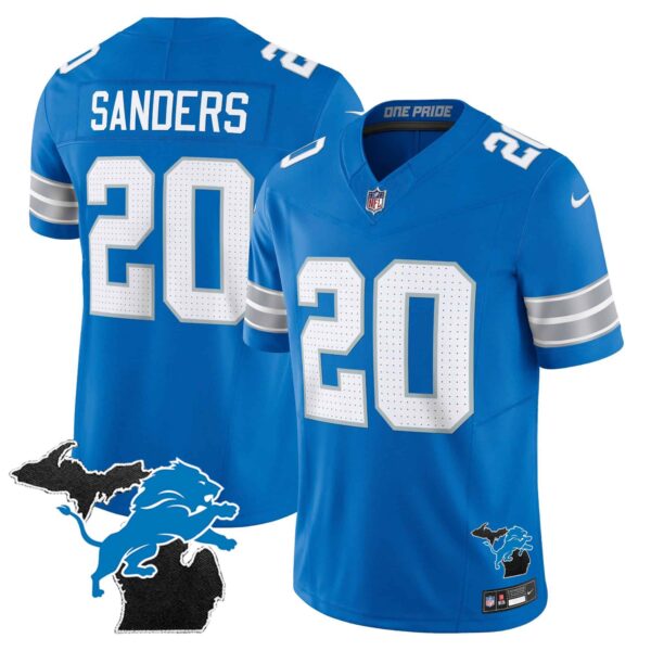 Men’s Detroit Lions 2024 Michigan Patch Vapor Limited Jersey – All Stitched – Blue – Barry Sanders