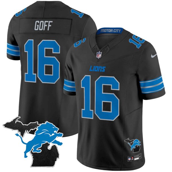 Men’s Detroit Lions 2024 Michigan Patch Vapor Limited Jersey – All Stitched – Black – Jared Goff