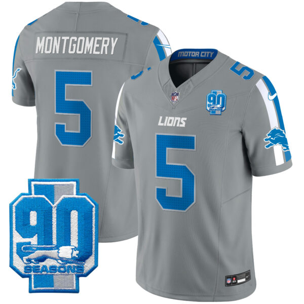 Men’s Detroit Lions 90th Year Patch Vapor Limited Jersey – All Stitched – Gray – David Montgomery