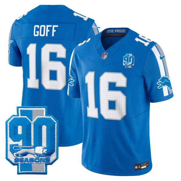 Men’s Detroit Lions 90th Year Patch Vapor Limited Jersey – All Stitched – Blue – Jared Goff