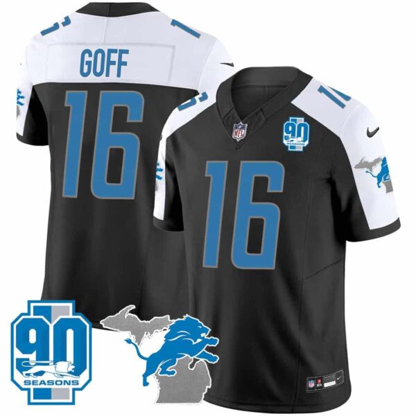 Men’s Detroit Lions 90th Year & Michigan Patch Vapor Jersey – All Stitched – Black Alternate – Jared Goff