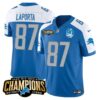 Men’s Detroit Lions 2023 NFC North Champions Patch Vapor Jersey V2 – All Stitched – Blue Alternate – Sam Laporta