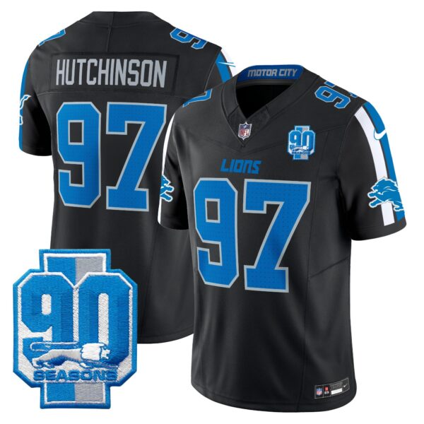 Men’s Detroit Lions 90th Year Patch Vapor Limited Jersey – All Stitched – Black – Hutchinson