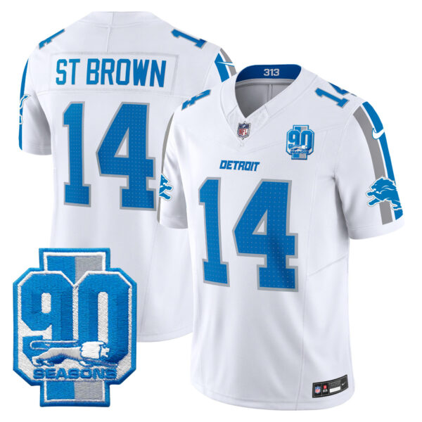 Men’s Detroit Lions 90th Year Patch Vapor Limited Jersey – All Stitched – White – St. Brown