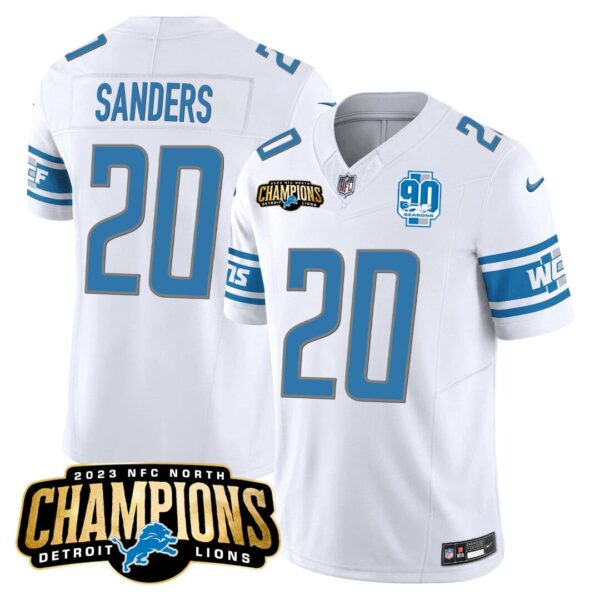 Men’s Detroit Lions 2023 NFC North Champions Patch Vapor Jersey V2 – All Stitched – White – Barry Sanders